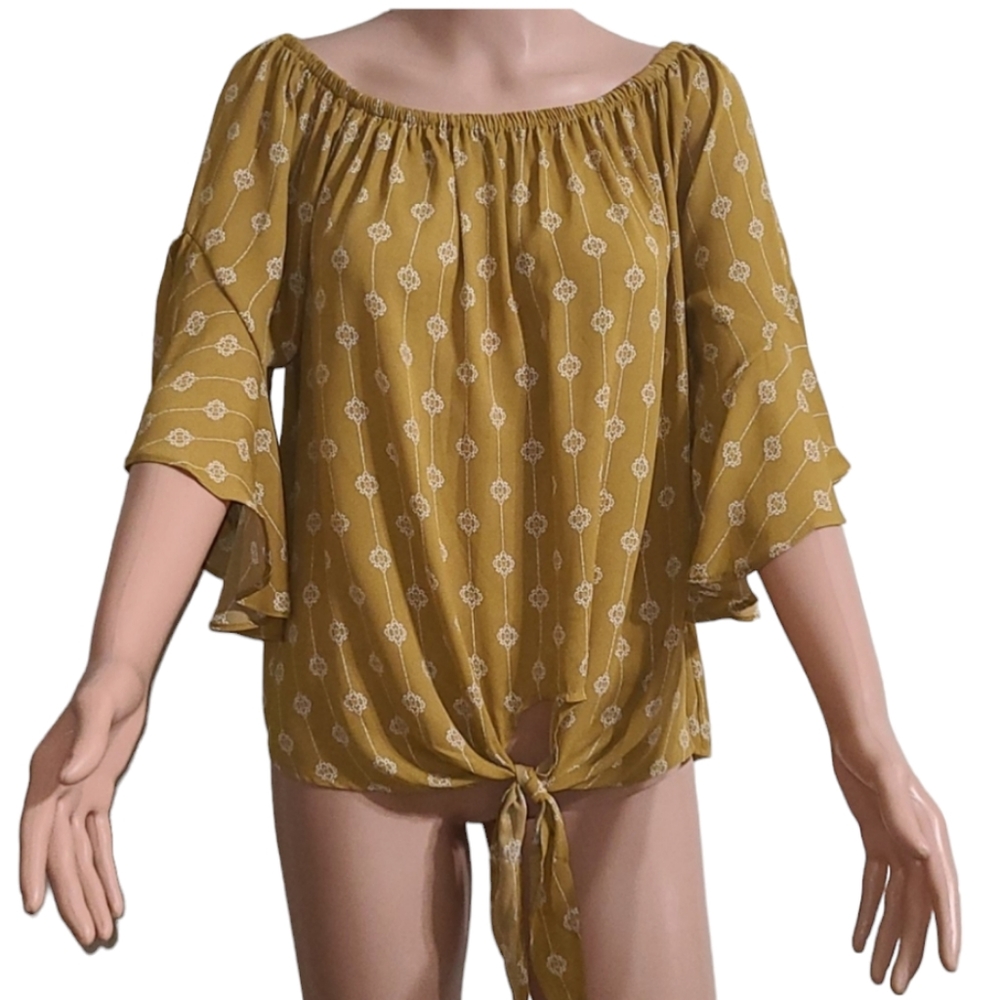 Wishlist Apparel Floral Tie Front Top Off The Shoulder Women Size M/L Brown
